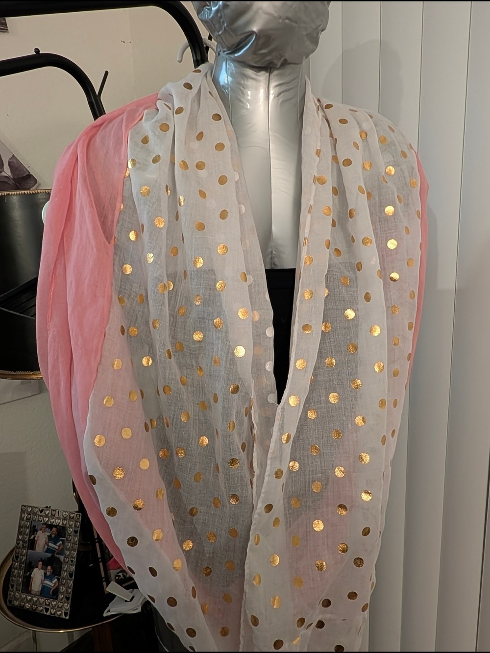 Pink and White Lightweight Infinity Scarf with Gold Polka Dots